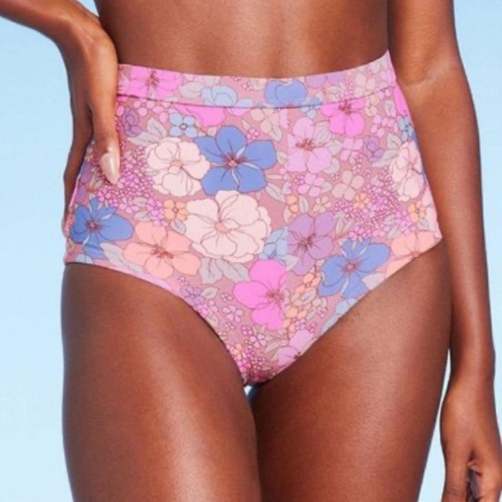 Wild Fable Retro Style Flower Print High Waist Cheeky Swim Bottoms, Size S,‎ NWT